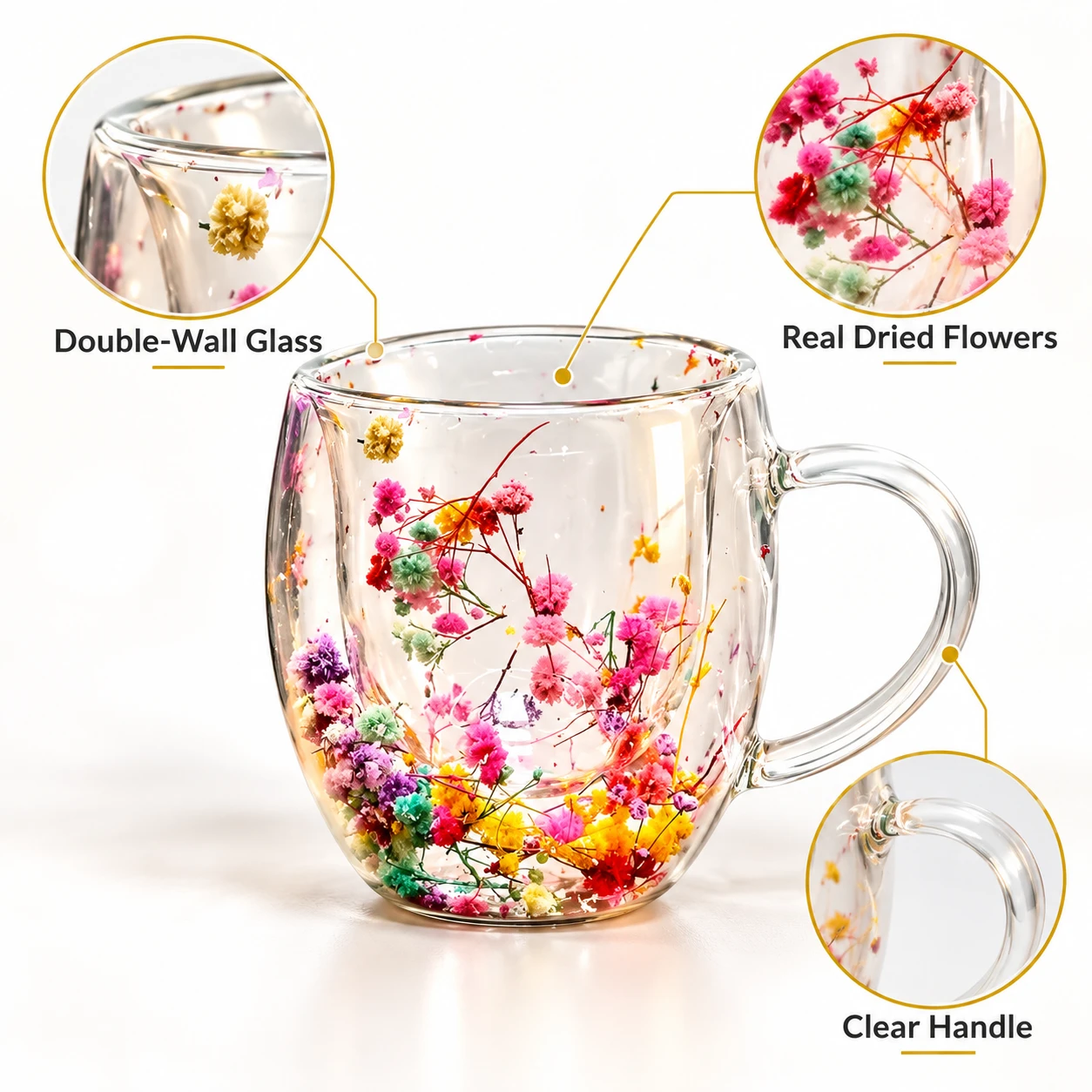 Double Wall Dried Flower Glass Tea Mug - view 3